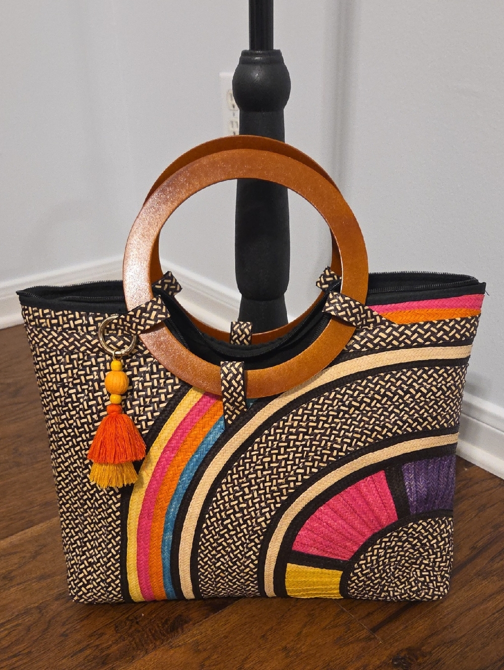 Handwoven Multicolor Straw Tote Bag with Wooden Handles